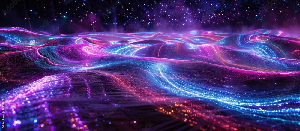Poster a computer-generated wave of light showcasing mesmerizing movement and captivating patterns. this si