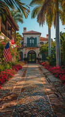 A charming stone pathway winds its way through a lush landscape, leading to a welcoming house adorned with vibrant red flowers and fluttering flags under the clear blue sky