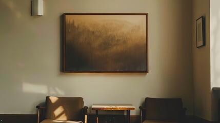 brown canvas art on a wall, wooden frame for the canvas, English modern interior, unsplash, horizontal 16:9, flat, clear view, no shadows