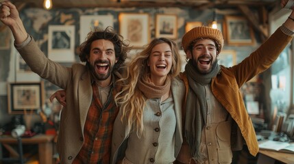 Obraz premium A group of individuals standing against an indoor wall, adorned in various clothing, all displaying genuine smiles on their human faces as they appreciate the art around them