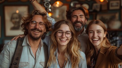 A joyful group of friends, with beaming smiles and stylish clothing, gather together indoors to capture a moment of laughter and friendship - obrazy, fototapety, plakaty