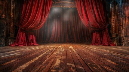 Empty theater stage with red velvet curtains.  - obrazy, fototapety, plakaty