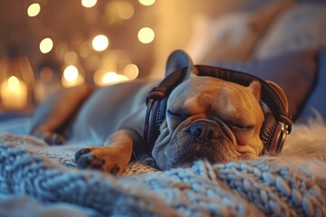 a dog wearing headphones and sleeping on the bed, concept of listening to music to sleep.