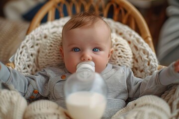 An innocent boy gazes up at the person holding his bottle, content and secure in the comfort of their indoor setting
