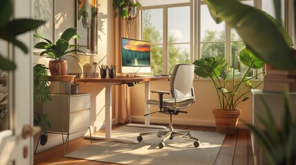  Focusing on the ergonomics of a home office, featuring an adjustable standing desk, an ergonomic chair, and a monitor at eye level.