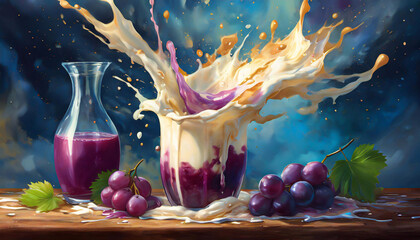 Kremowy napój jogurtowy , abstrakcyjne tło mleko i fioletowe owoce. Eksplozja owoców