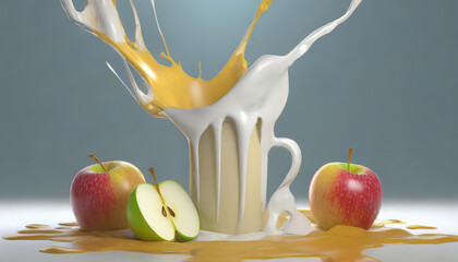 Napó jogurtowy jabłkowy , abstrakcyjne tło mleko i czerwone owoce jabłka. Abstrakcje z owocami - obrazy, fototapety, plakaty