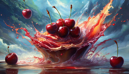Deser z wiśni, eksplozja czerwonych owoców - obrazy, fototapety, plakaty