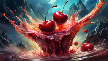 Deser z wiśni, eksplozja czerwonych owoców - obrazy, fototapety, plakaty