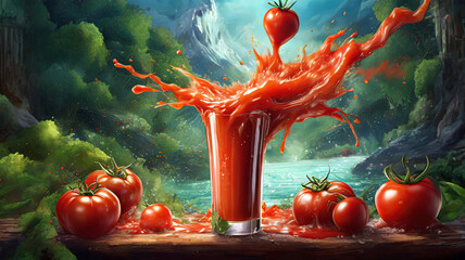 Sok pomidorowy, eksplozja czerwonych warzyw - obrazy, fototapety, plakaty