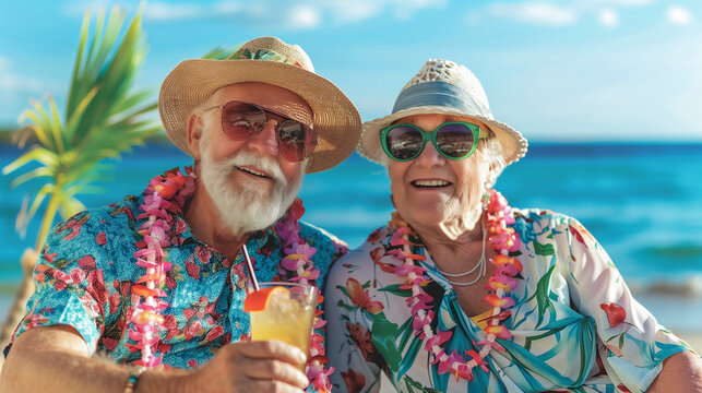 Fototapeta Joyful senior couple with tropical leis and drinks at beach, vibrant Hawaiian vacation vibe.