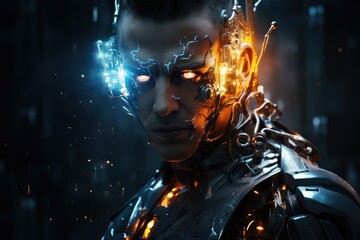 Portrait of a male cyborg in the dark.