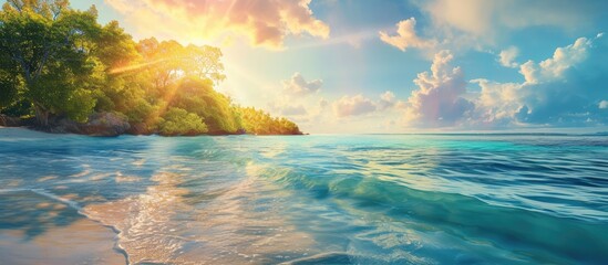 The painting depicts a beach with golden sand stretching towards a small island on the horizon. The clear blue waves gently wash ashore, while a few seagulls fly in the sky. - Powered by Adobe