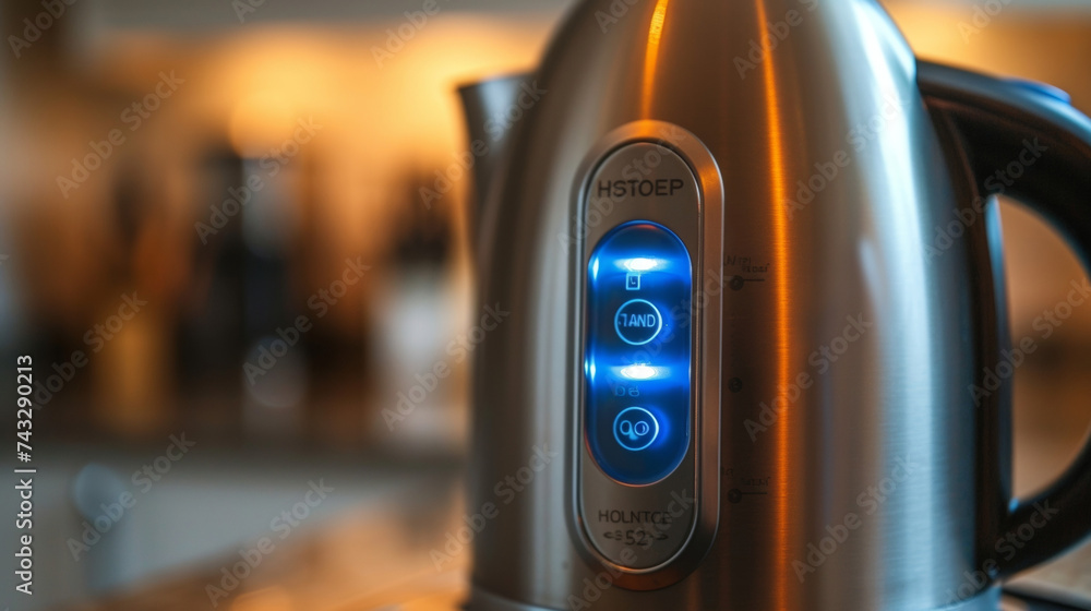 Poster a closeup of the onoff switch on an electric kettle with a blue indicator light showing that it is i