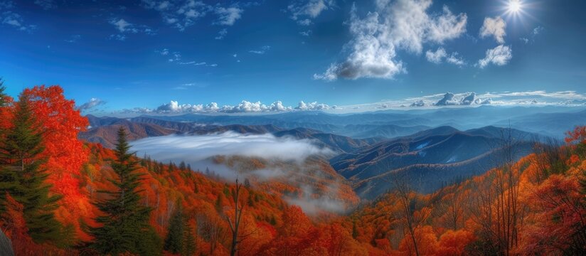 A stunning view of the Smoky Mountain range in autumn, showcasing vibrant foliage and towering peaks at Spruces Park. The rich colors of the season contrast with the rugged landscape, creating a
