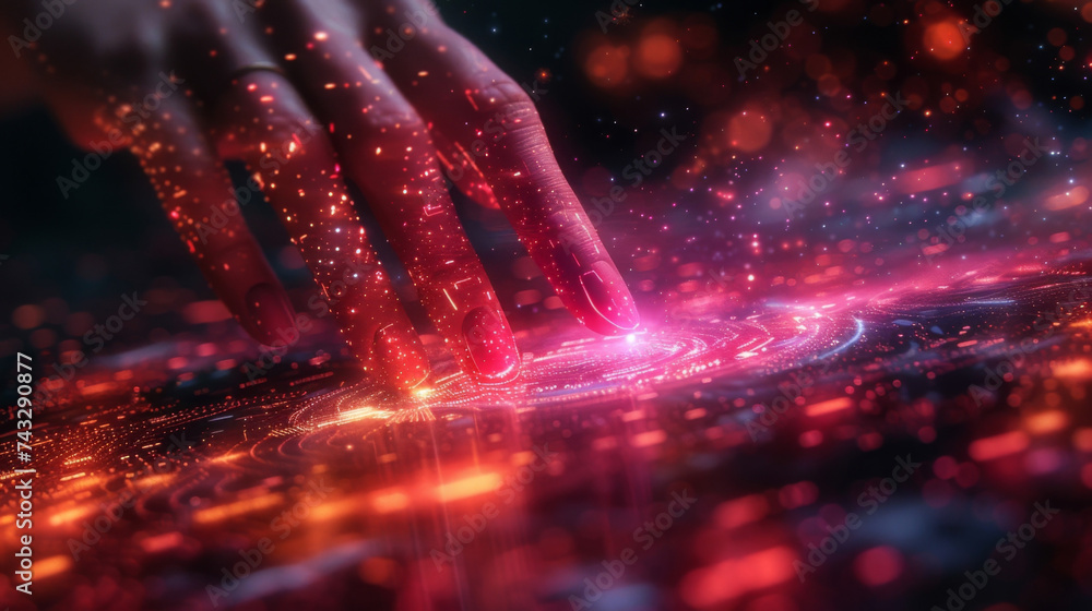 Poster in this abstract holographic image a virtual hand draws and connects various investment options high