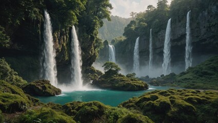 Majestic Waterfalls in Lush Green Forest, Natural Serenity, Generative AI