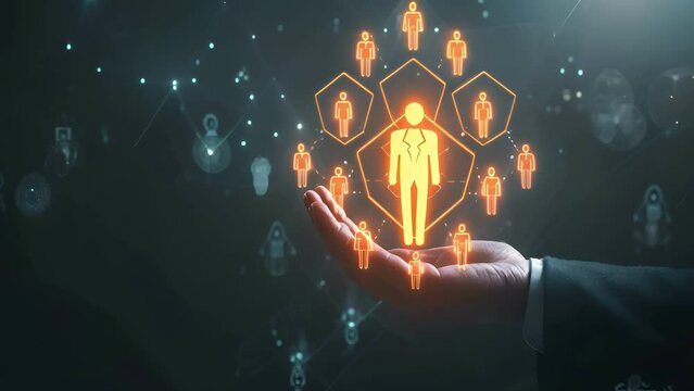 Business or owner man hold circle of network structure HR Human resources. Business leadership concept. Management and recruitment. Social network. Different person, business, leader