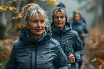 A vibrant group of women, their faces illuminated with joy, sprint through the autumn woods in stylish jackets and coats, embracing the crispness of the season