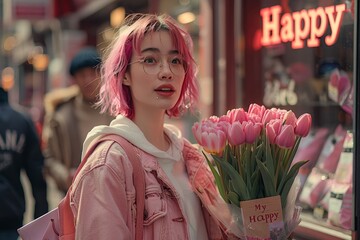 A stylish woman with a vibrant pink hair stands outside a quaint flower shop, holding a beautiful bouquet of flowers, radiating confidence and grace