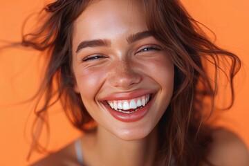 A joyful woman radiates happiness as she smiles with closed eyes, showcasing her beautiful features such as her luscious brown hair, glowing skin, and expressive eyes, while her mouth reveals her pea