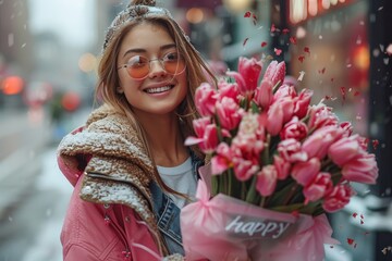 A cheerful woman with a bright smile stands on a snowy street, dressed in fashionable winter clothing and holding a beautiful bouquet of pink tulips as she walks past a charming building with intrica