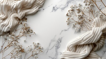 A delicate winter accessory contrasts against a stark marble background, adorned with vibrant flowers as the snow gently falls outside