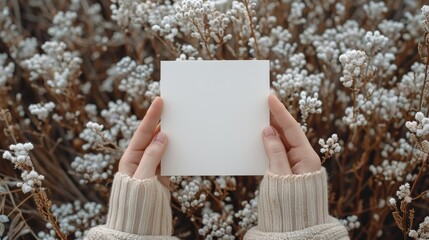 A person braving the cold winter air, holds a delicate piece of paper adorned with a single sprig of baby's breath, symbolizing hope and new beginnings