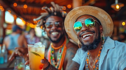 Two stylish men sporting vibrant necklaces and hats, with beaming smiles and groomed beards, sipping cocktails at a trendy bar