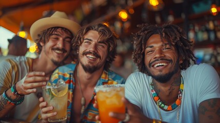 A group of stylish men with beards and hats share smiles and drinks at an indoor party