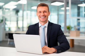 Business manager working in office on laptop