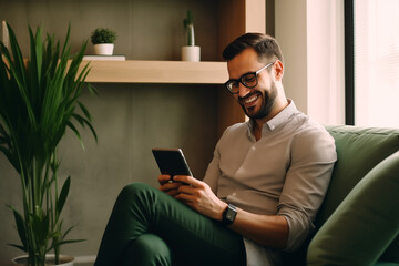 A man sitting comfortably on a green sofa, smiling while looking at a tablet he's holding in his hands. The room has a cozy ambiance with warm lighting and a potted plant beside the sofa