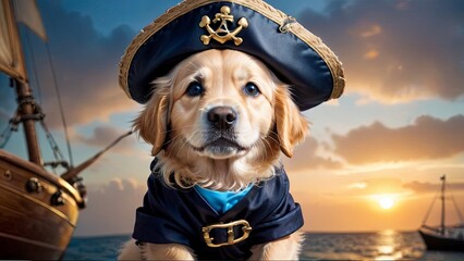 Golden Retriever Dog Dressed as Pirate at Sunset