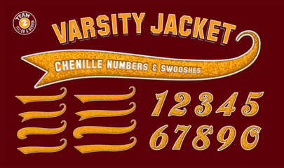 A collection of yellow numbers and swooshes on a maroon background, in the style of chenille fabric varsity letterman jacket patches