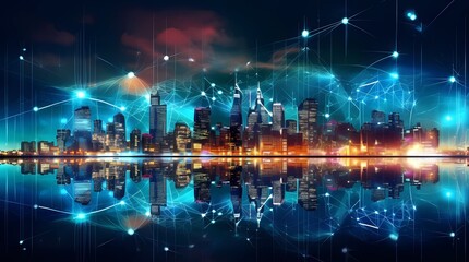 Obraz premium Modern cityscape at night with glowing lights and connection lines, Generative AI illustrations.