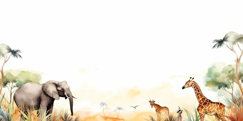 Watercolor background with wild animals in the savannah, Generative AI illustrations.