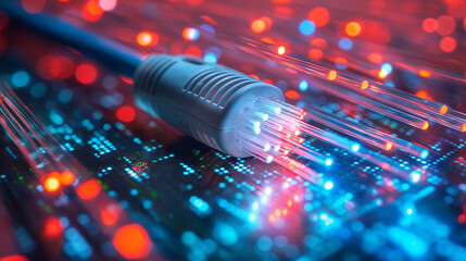 Data flowing through fiber optics cables, digital neon background, Generative AI