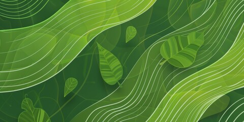 Lively abstract pattern with curving green lines and scattered leaves, symbolizing vitality and eco dynamism.