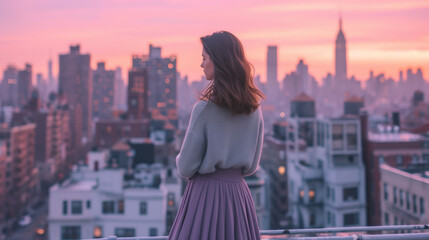 Fototapeta na wymiar A muted lavender midi skirt paired with a light grey turtleneck exuding a peaceful and sophisticated vibe. The background is a serene cityscape with tall buildings and a soft