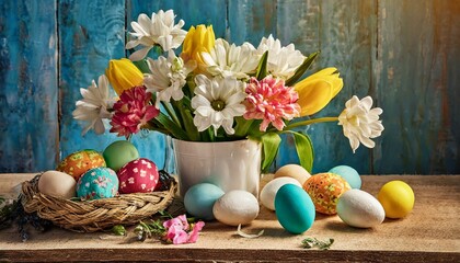 Obraz na płótnie Canvas easter still life with eggs, spirit of Easter wooden table background, perfectly set for springtime celebrations. Adorned with vibrant flowers and Easter. easter still life wit