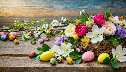 easter eggs in a basket, spirit of Easter wooden table background, perfectly set for springtime celebrations. Adorned with vibrant flowers and Easter. easter still life wit - obrazy, fototapety, plakaty