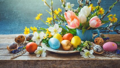 Obraz na płótnie Canvas easter still life with eggs and flowers wallpaper spirit of Easter wooden table background, perfectly set for springtime celebrations. Adorned with vibrant flowers and Easter. easter still life wit