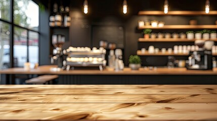 Empty beautiful wood table top counter and blur bokeh modern coffee interior background in clean and bright,Banner, Ready for product montage - generative ai - obrazy, fototapety, plakaty