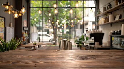 Fototapeta na wymiar Empty beautiful wood table top counter and blur bokeh modern coffee interior background in clean and bright,Banner, Ready for product montage - generative ai