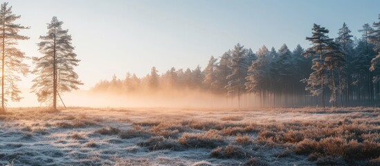 A cold winter morning blankets a frosty field with tall trees in the background. The fog creates a serene atmosphere as it covers the forest and field.
