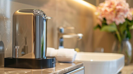 A closeup of the sleek and compact design of the dispenser making it easy to fit into any home or travel setting.