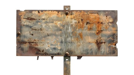 empty rustic worn-out metal plaque, antique grungy  aged  white background, old wooden signboard