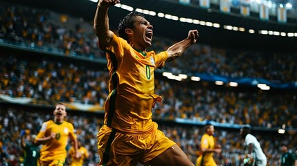 A photo of a sweaty soccer player jumping and roaring after scoring the winning goal in the World...