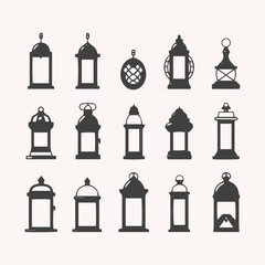 Lantern icon collection set. Arab vintage silhouette antique kerosene hanging lamp for muslim ramadan karem or Eid Mubarak design. isolated middle east old gas vector silhouettes set