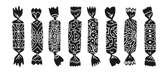 Wrapped hand drawn candy with ornament. Caramel bonbon lollipop chocolate, engraving doodle sweets snack set. Tasty dessert food childish celebration. Wrapped caramel candy stamp vector illustration